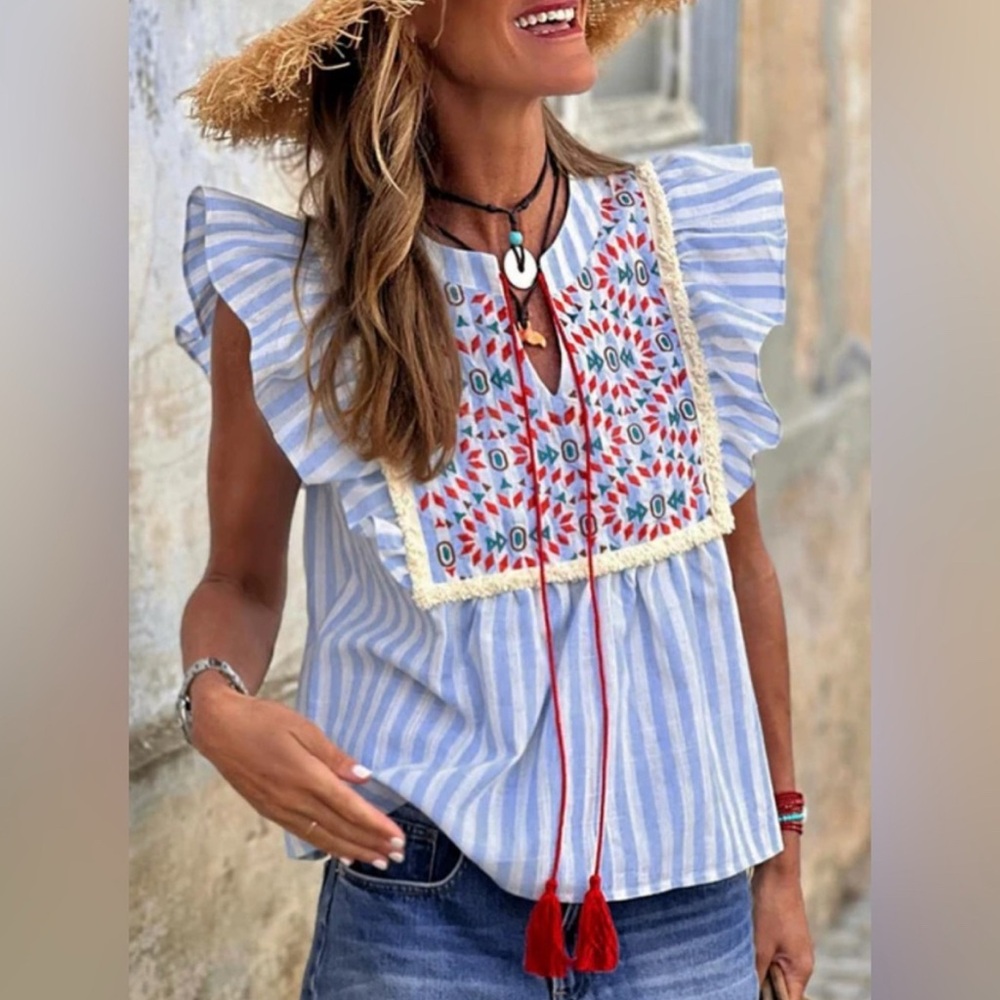 NEW “SKY BLUE” STRIPE GEO PATTERN EMBROIDERED TASSEL FLUTTER BOHO BLOUSE